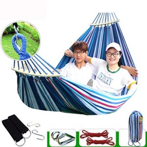 2 person 661lb capacity double hammock with two anti roll balance beam and sturdy nylon tree straps for outdoor indoor patio garden backyard backpacking travel beach blue & white