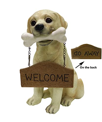 Nature's Mark Labrador Retriever Dog Puppy Statue with Reversible Welcome Sign and Go Away Sign Resin Garden Decor 12" H