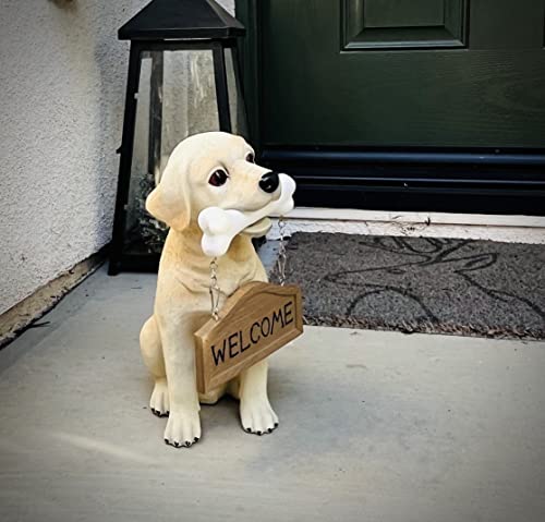 Nature's Mark Labrador Retriever Dog Puppy Statue with Reversible Welcome Sign and Go Away Sign Resin Garden Decor 12" H