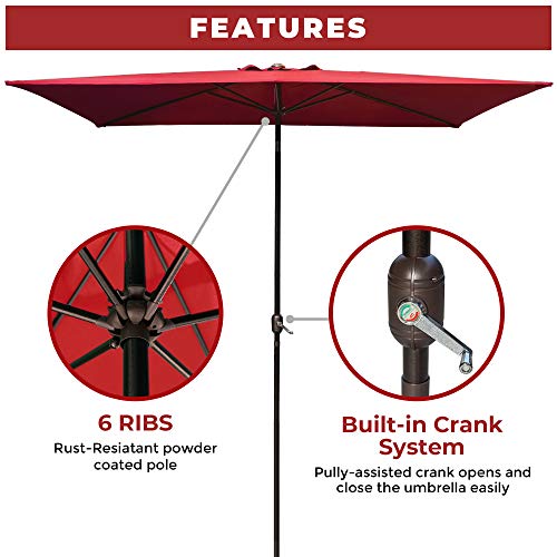 LAUREL CANYON Rectangular Patio Umbrella Market Table Umbrellas Outdoor Umbrella with Push Button Tilt and Crank for Lawn, Garden, Deck, Backyard & Pool, 6.5 x 10ft, Red