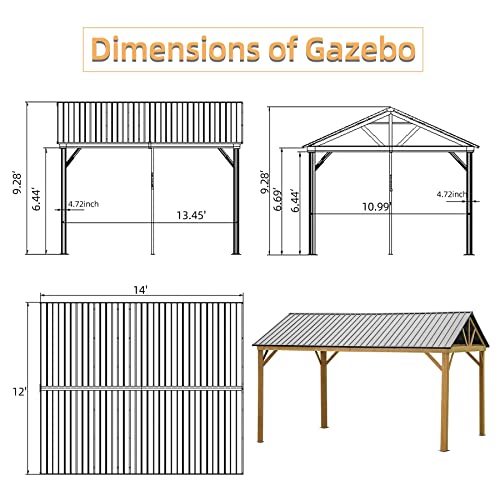 Domi Outdoor Living 12’x14’ Hardtop Gazebo Outdoor Aluminum Gazebo with Galvanized Steel Gable Roof for Lawn and Garden(Wood-Looking)