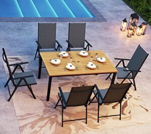 phi villa 7 piece patio dining set, outdoor dining furniture patio table set with patio folding chairs (black) & rectangle wooden-like outdoor dining table for lawn, garden and yard