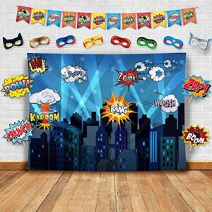 superheroes theme party photography backdrop with prop, flag & mask. super hero cityscape photo booth background for kids party, birthday wall decorations