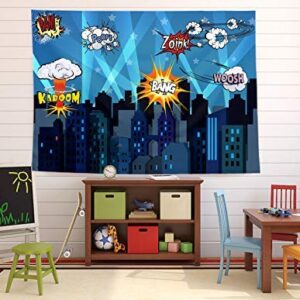 Superheroes Theme Party Photography Backdrop with Prop, Flag & Mask. Super Hero Cityscape Photo Booth Background for Kids Party, Birthday Wall Decorations