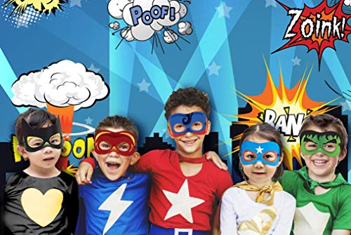 Superheroes Theme Party Photography Backdrop with Prop, Flag & Mask. Super Hero Cityscape Photo Booth Background for Kids Party, Birthday Wall Decorations