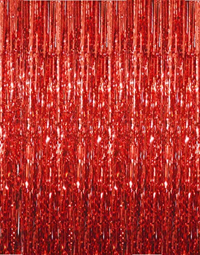 GOER 6.4 ft x 9.8 ft Metallic Tinsel Foil Fringe Curtains,Pack of 2 Party Streamer Backdrop for Birthday,Graduation Decorations and New Year Eve (Red)