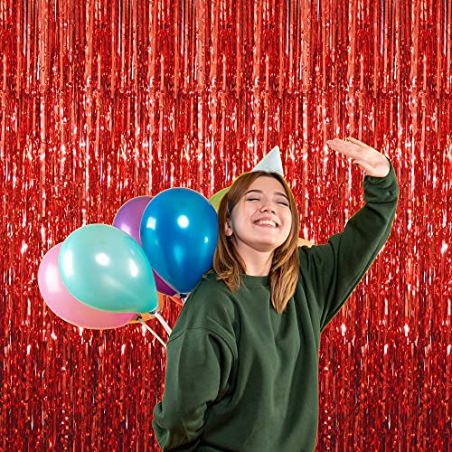 GOER 6.4 ft x 9.8 ft Metallic Tinsel Foil Fringe Curtains,Pack of 2 Party Streamer Backdrop for Birthday,Graduation Decorations and New Year Eve (Red)