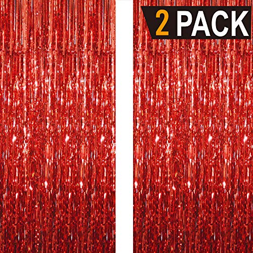 GOER 6.4 ft x 9.8 ft Metallic Tinsel Foil Fringe Curtains,Pack of 2 Party Streamer Backdrop for Birthday,Graduation Decorations and New Year Eve (Red)