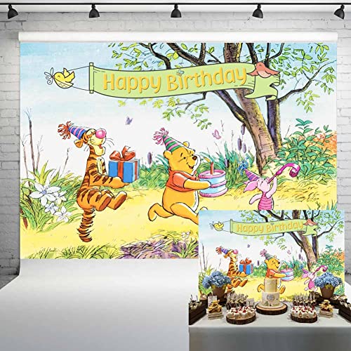 Watercolor Pooh Bear 1st Birthday Backdrop Winnie and Friends Spring Tree Background Boys Girls 2nd Birthday Decorations Kids Birthday Party Banner 7x5 ft 135