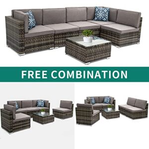 YITAHOME 6 Piece Outdoor Patio Furniture Sets, Garden Conversation Wicker Sofa Set, and Patio Sectional Furniture Sofa Set with Coffee Table and Cushion for Lawn, Backyard, and Poolside, Gray Gradient