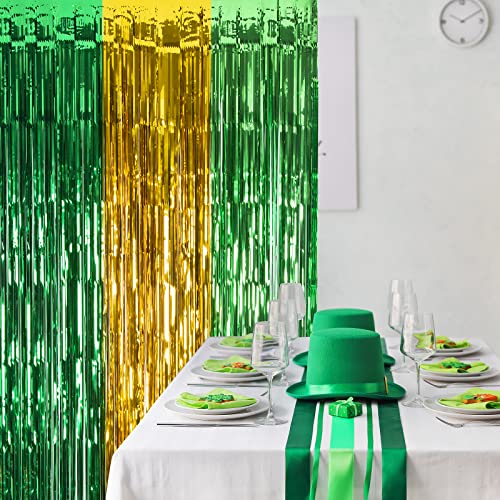 LOLStar St. Patrick's Day Foil Fringe Curtain St Patrick's Day Party Decorations, 3.3 x 6.6 ft Green Gold and Light Green Tinsel Photo Booth Prop, Streamer Backdrop for Irish Themed Decoration