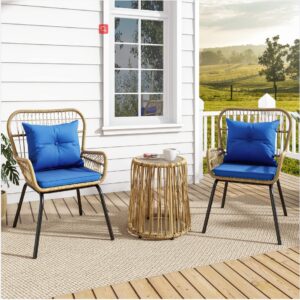yitahome 3-piece outdoor patio furniture wicker bistro set, all-weather rattan conversation chairs for backyard, balcony and deck with soft cushions, glass side table (light brown+navy blue)