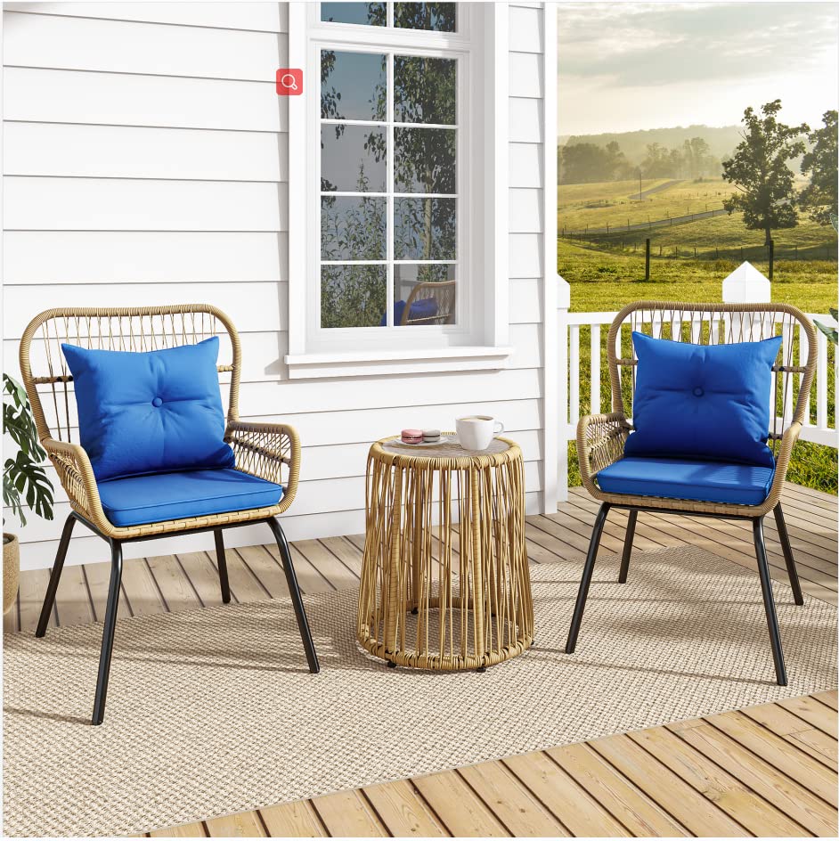 YITAHOME 3-Piece Outdoor Patio Furniture Wicker Bistro Set, All-Weather Rattan Conversation Chairs for Backyard, Balcony and Deck with Soft Cushions, Glass Side Table (Light Brown+Navy Blue)