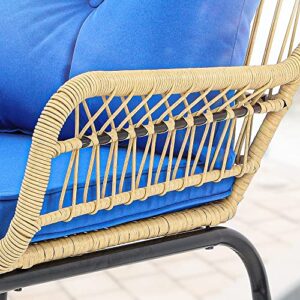 YITAHOME 3-Piece Outdoor Patio Furniture Wicker Bistro Set, All-Weather Rattan Conversation Chairs for Backyard, Balcony and Deck with Soft Cushions, Glass Side Table (Light Brown+Navy Blue)