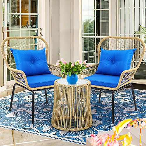 YITAHOME 3-Piece Outdoor Patio Furniture Wicker Bistro Set, All-Weather Rattan Conversation Chairs for Backyard, Balcony and Deck with Soft Cushions, Glass Side Table (Light Brown+Navy Blue)