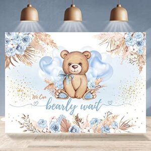 Rsuuinu Boy Bear Baby Shower Backdrop Boho Pampas Blue Flower We can Bearly Wait Photography Background Balloons Bear Baby Shower Backdrops Party Decorations Banner Supplies Photo Booth Props 7x5ft