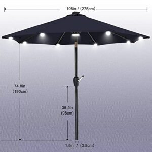 ABCCANOPY 9FT Patio Umbrella Outdoor Solar Umbrella LED Umbrellas with 8LED Bulbs, Tilt and Crank Table Umbrellas for Garden, Deck, Backyard and Pool,12+Colors, (Navy Blue)