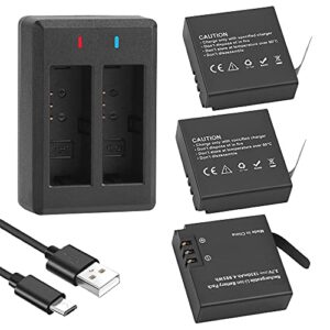 geekam 1350mah battery (3 pack) with 2-channel charger for akaso brave 7 le, victure ac940/ac960, xtu s3, wolfang ‎ga400/ga420, campark v40, rollei 6s plus/8s plus/9s plus