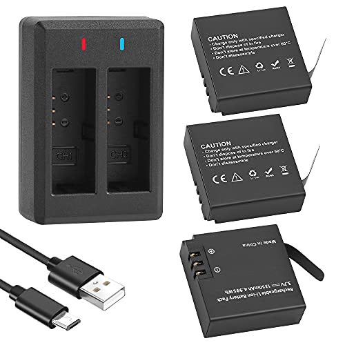 GeeKam 1350mAh Battery (3 Pack) with 2-Channel Charger for AKASO Brave 7 LE, Victure AC940/AC960, XTU S3, WOLFANG ‎GA400/GA420, Campark V40, Rollei 6s Plus/8s Plus/9s Plus