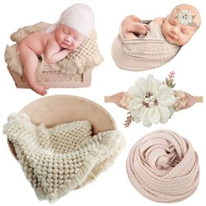 spokki 3 pcs newborn photography props outfits set, knitted blanket for baby photo props, beige elastic wrap for photoshoot, flower headband for infant boys girls, baskets filler posing props