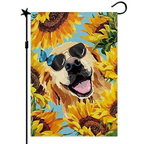 CMEGKE Sunflower Golden Retriever Garden Flag, Sunflower Garden Flag, Summer Dog Yard Flag Vertical Double Sided Burlap Party Holiday Yard Home Farmhouse Outside Decor 12.5 x 18 In