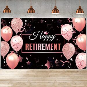 happy retirement party decorations, extra large fabric happy retirement sign banner photo booth backdrop background with rope for retirement party favor (black and rose pink,72.8 x 43.3 inch)