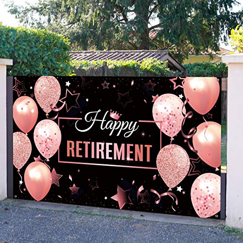 Happy Retirement Party Decorations, Extra Large Fabric Happy Retirement Sign Banner Photo Booth Backdrop Background with Rope for Retirement Party Favor (Black and Rose Pink,72.8 x 43.3 inch)