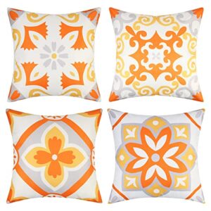 cygnus outdoor waterproof throw pillow covers 18×18 inch set of 4 boho decorative floral covers for patio furniture porch (18 * 18inch/45 * 45cm, orange and teal)