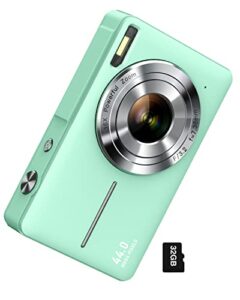 digital camera, fhd 1080p kids camera 44mp point and shoot digital cameras with 32gb sd card, 16x zoom, two batteries, lanyard, compact small camera for kids boys girls teens students seniors- green