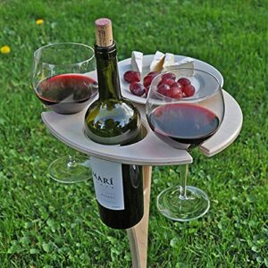 outdoor wine table-outdoor wooden folding wine table-wine glass rack bottle and glass holder round desktop foldable bamboo snack table for outdoors,garden,party,travel, beach
