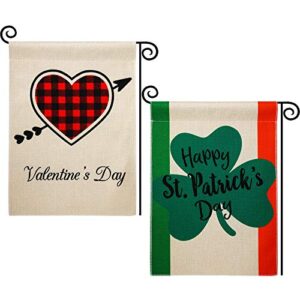 2 Pieces 12 x 18 Inch Holiday Garden Flags, Valentine's Day Garden Flag Buffalo Plaid Heart Garden Flag and St. Patrick's Day Shamrock Garden Flag for Valentine's Day Holiday Party Decoration