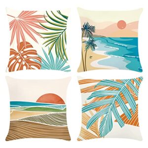 bonhause modern tropical hawaii pillow covers 18×18 inch set of 4 outdoor palm leaves decorative pillows case soft velvet tropical decoration for patio garden bed home decor