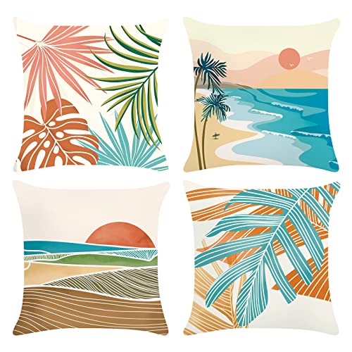 Bonhause Modern Tropical Hawaii Pillow Covers 18x18 Inch Set of 4 Outdoor Palm Leaves Decorative Pillows Case Soft Velvet Tropical Decoration for Patio Garden Bed Home Decor