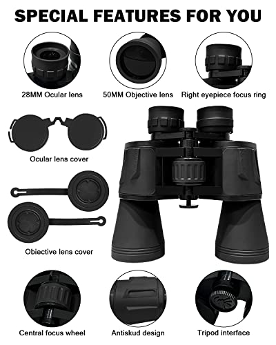 GOANDO 20x50 Binoculars for Adults and Kids High Power Compact Binoculars Large Waterproof Binoculars with Low Light Night Vision for Hunting Bird Watching Travel Sightseeing Outdoor Sports, Black