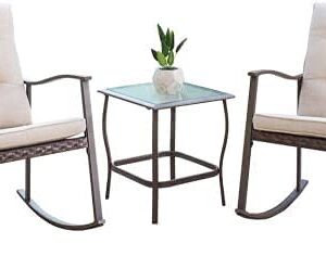 SOLAURA 3-Piece Patio Furniture Outdoor Rocking Chair Set Brown Wicker Patio Bistro Sets, Front Porch Furniture with Beige Cushion, Two Patio Chairs with High Backrest & Glass Coffee Table