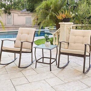 SOLAURA 3-Piece Patio Furniture Outdoor Rocking Chair Set Brown Wicker Patio Bistro Sets, Front Porch Furniture with Beige Cushion, Two Patio Chairs with High Backrest & Glass Coffee Table