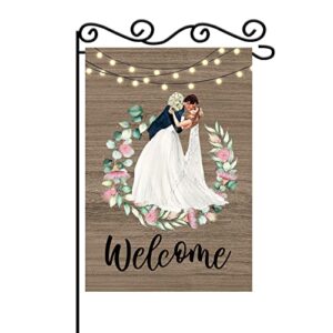 mefeng wedding welcome garden flag-welcome to our wedding courtyard lawn rural decor-wedding theme party decoration-bride and groom anniversary holiday party yard outdoor decorations.12*18 inch green