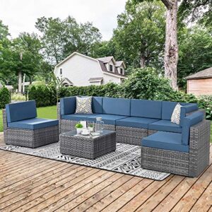 walsunny outdoor 7 piece patio furniture set, outdoor sectional sofa couch patio conversation furniture sets silver gray rattan wicker (aegean blue)