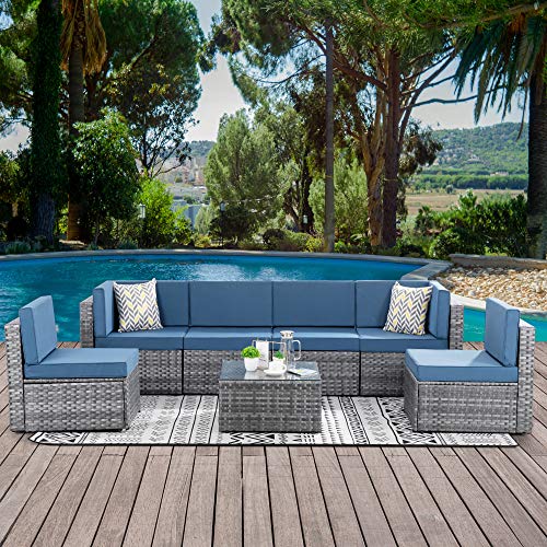 Walsunny Outdoor 7 Piece Patio Furniture Set, Outdoor Sectional Sofa Couch Patio Conversation Furniture Sets Silver Gray Rattan Wicker (Aegean Blue)