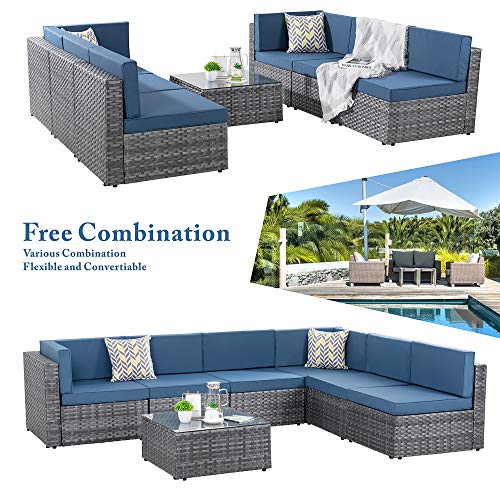 Walsunny Outdoor 7 Piece Patio Furniture Set, Outdoor Sectional Sofa Couch Patio Conversation Furniture Sets Silver Gray Rattan Wicker (Aegean Blue)