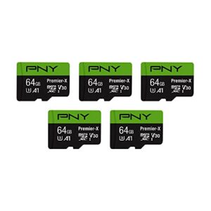 pny 64gb premier-x class 10 u3 v30 microsdxc flash memory card 5-pack – 100mb/s, class 10, u3, v30, a1, 4k uhd, full hd, uhs-i, micro sd