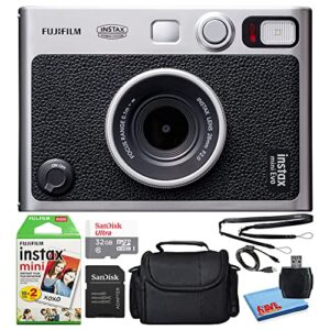 fujifilm instax mini evo hybrid instant film camera (16745183) bundle with 20 instant film sheets + 32gb microsd memory card + small padded case + sd card reader + microfiber cleaning cloth