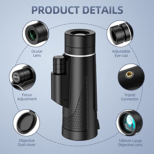 Monocular Telescope - 80x100 Small Monoculars for Adults High Powered, Night Vision Compact Monocular for Smartphone Adapter, Handheld Telescope with Tripod for Bird Watching Hunting Camping Travel