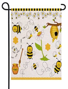 uanvaha bee garden flag decor cartoon flower honey sunflowers green leaves yellow nest funny animal burlap banner flags for yard house lawn patio outdoor decorations 12.5x18 inch
