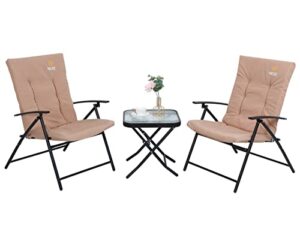 nice c 3-piece patio dining set, outdoor table set for 2, garden bistro dining furniture, 1 folding glass table and 2 folding reclining chairs with cushion (beige)
