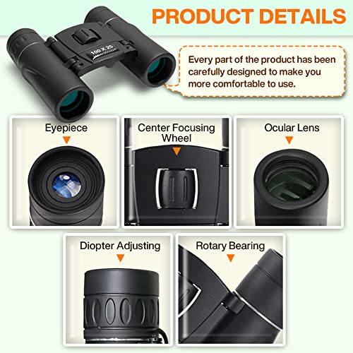 100x25 High Power Compact Binoculars with Clear Low Light Vision, Large Eyepiece Waterproof Binocular for Adults Kids, Easy Focus Bird Watching, Outdoor, Hunting, Travel