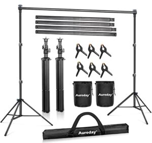 aureday backdrop stand, 10ft adjustable photo backdrop stand for parties, heavy duty background stand with travel bag, 6 backdrop clamps, 4 crossbars, 2 sandbags for wedding/decorations/photoshoot