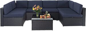 crownland 7-piece outdoor patio furniture sets, all-weather black wicker rattan sectional sofa, modern glass coffee table and washable seat cushion with ykk zipper (dark blue)