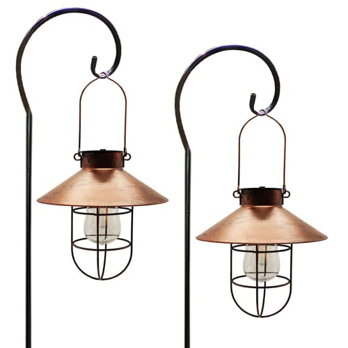 VILAWLENCE 2PCS Hanging Light Solar Lamp with Shepherd Hook Outdoor,Metal Waterproof Led Garden Lights,Edison Bulb Decorative for Patio,Yard,Porch(Copper)