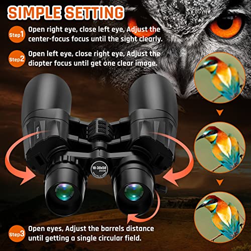 10-30x50 Zoom Binoculars for Adults, High Powered Military Binoculars for Bird Watching Traveling Hunting Concerts with Large View,BAK4,FMC Lens,Clear Low Light Vision at Night